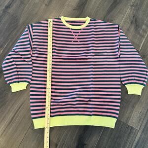 Women’s Sweatshirt Green Stripe Oversized Contrast Knit Round Pullover Medium